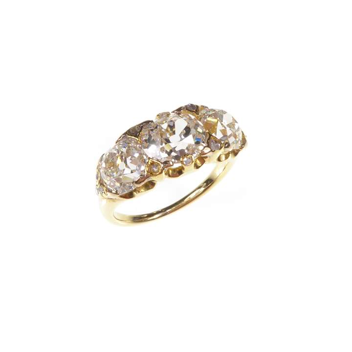 Three stone diamond ring, the old cut diamonds approximately 3.00cts in all